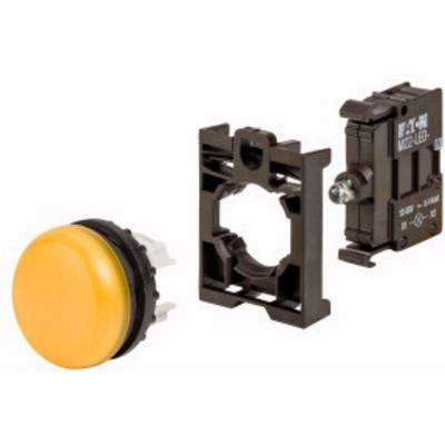 Bottone giallo, supporto e componente elettrico di commutazione in singole parti. Componenti per il montaggio di un interruttore a pulsante.