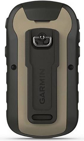 Vista posteriore di un dispositivo GPS portatile Garmin, nero e beige, con clip per cintura al centro.