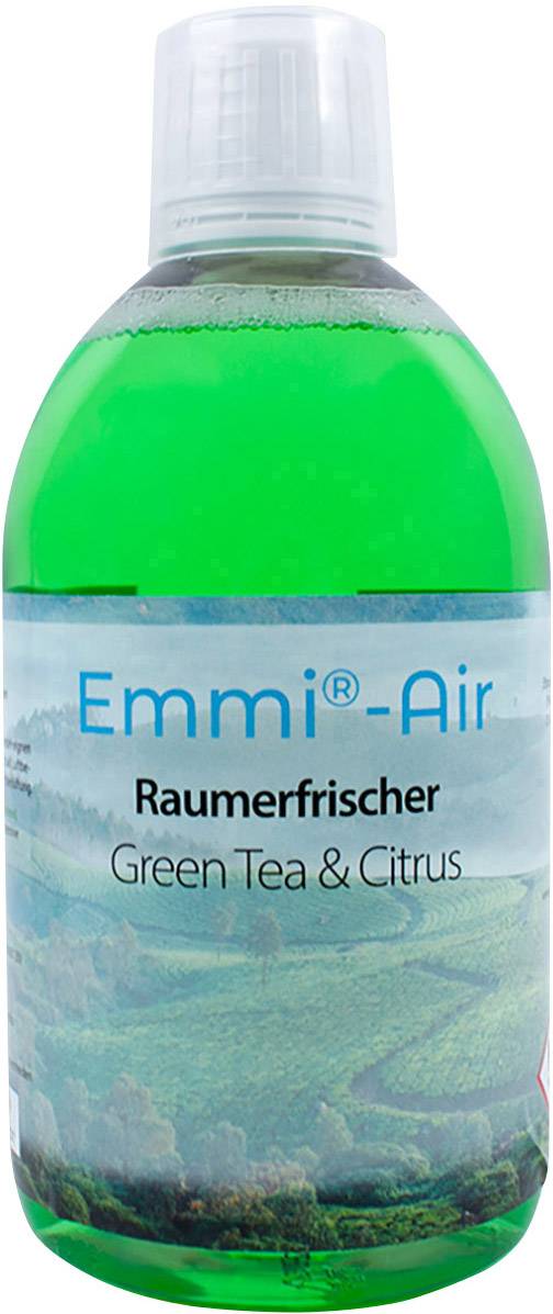 Bottiglia con liquido verde, etichetta 'Emmi-Air', varietà 'Green Tea & Citrus', utilizzata come diffusore di profumità per ambiente.