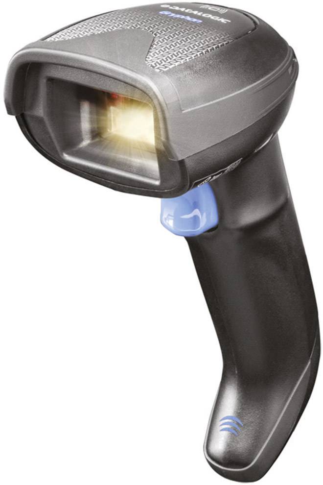 Un lettore di codici a barre palmare con impugnatura ergonomica e campo di scansione illuminato, adatto per il riconoscimento dei codici a barre in ambienti di vendita al dettaglio o magazzino.