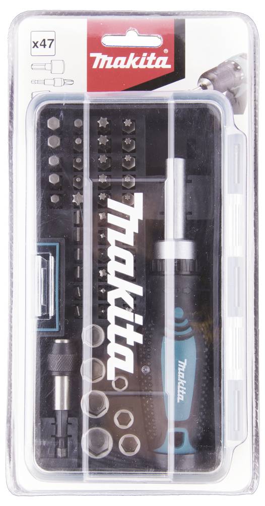 'Set di 47 bit Makita e cacciavite in blister, idoneo per diverse applicazioni di avvitatura.'