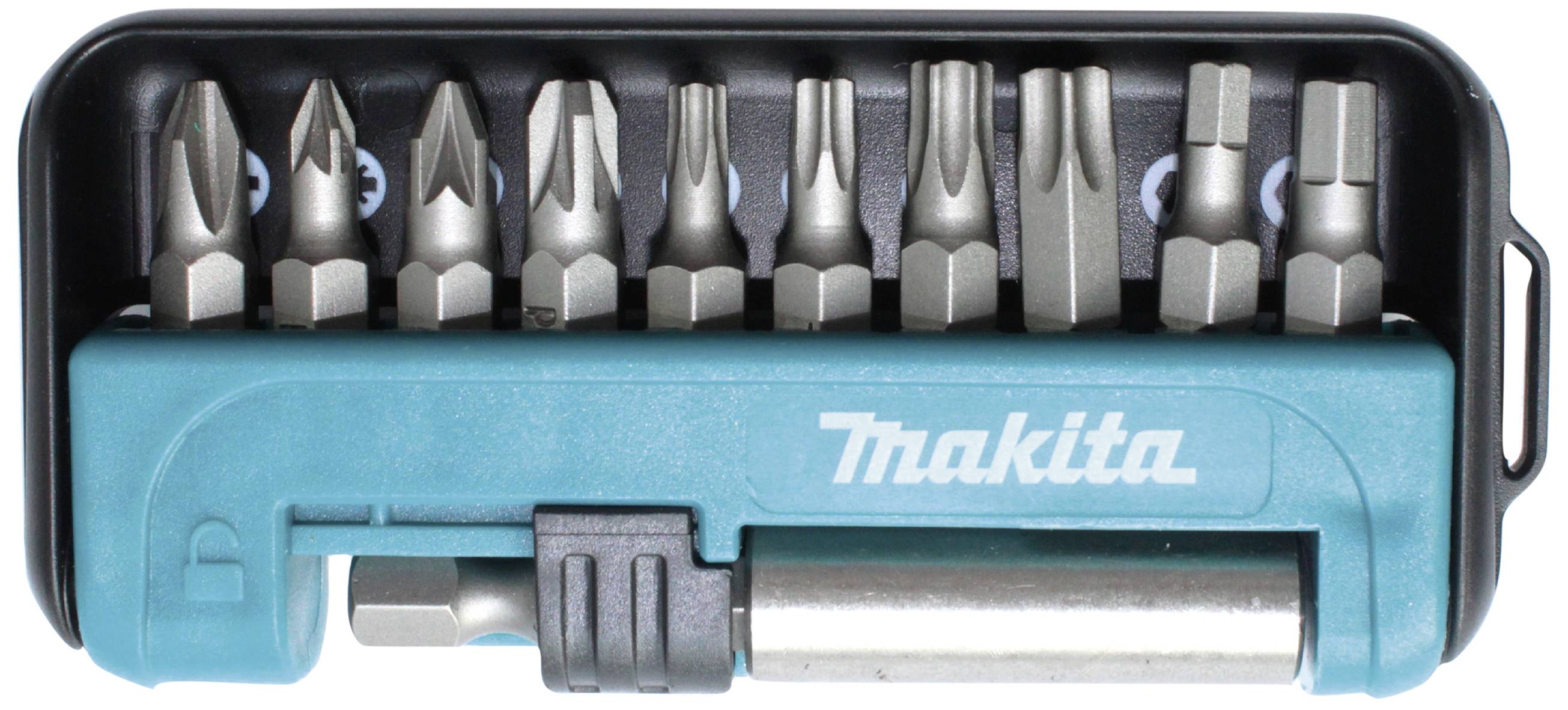 Set di bit per cacciavite in un astuccio blu. Contiene diversi tipi di bit per applicazioni versatili.