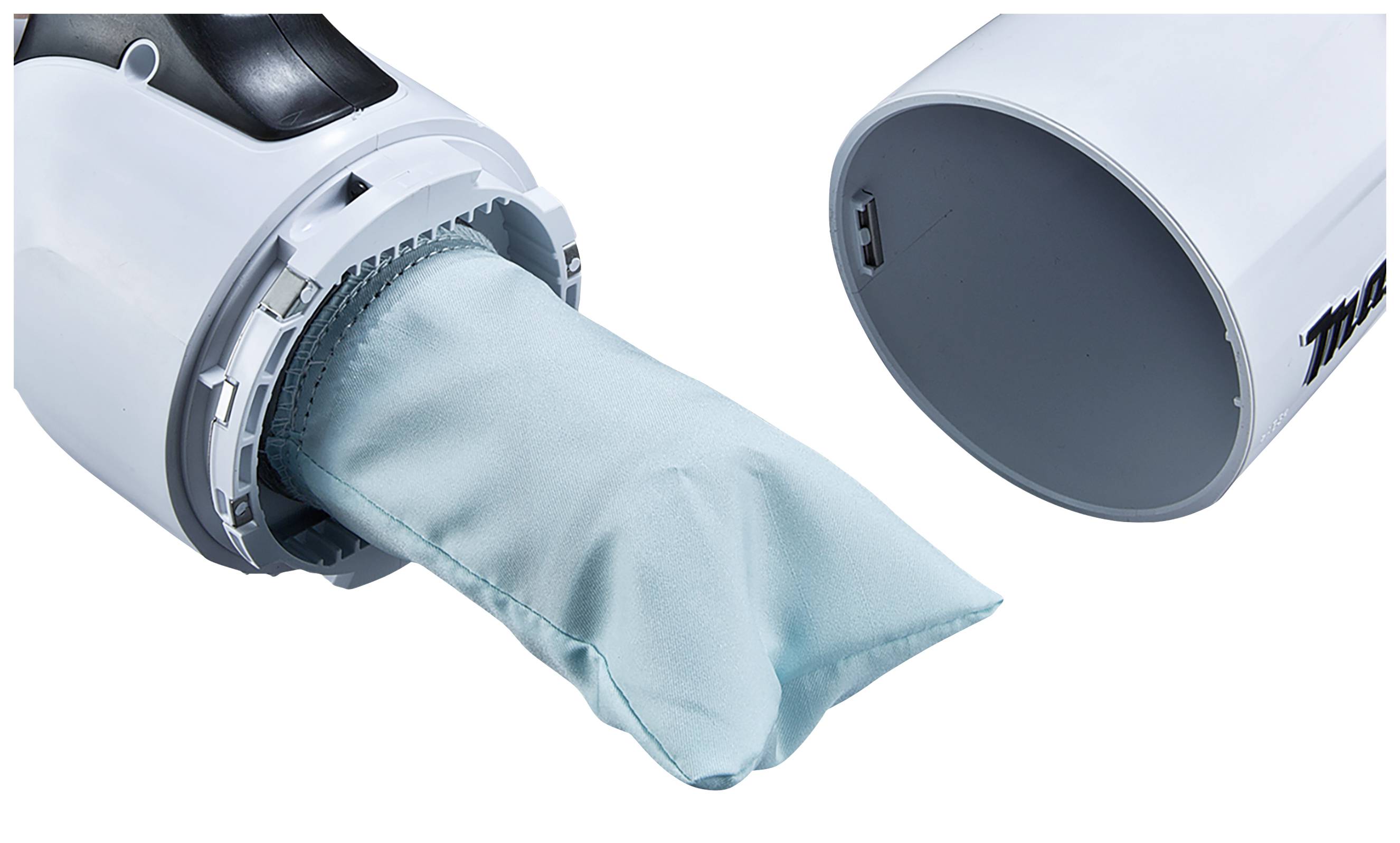 Un contenitore bianco con il coperchio aperto mostra un panno blu morbido che sporge.