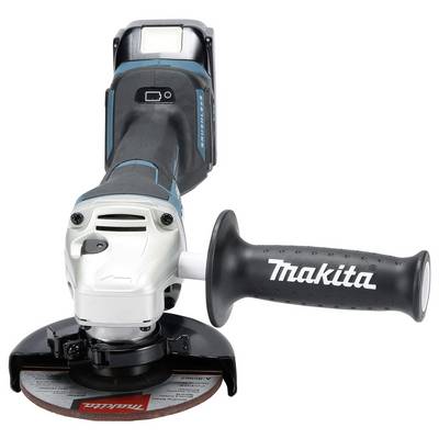 Un frullino angolare a batteria Makita con impugnatura nera e blu, dotato di impugnatura laterale per la stabilità e un disco rotante per lavori di metalleria.