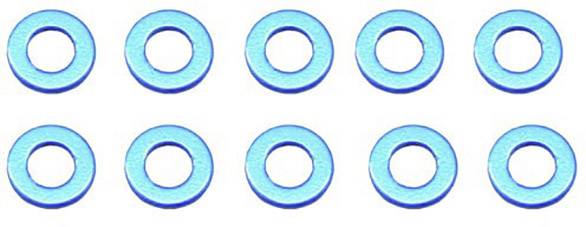 Dieci rondelle blu disposte in due file, ciascuna di cinque pezzi, uniformemente distribuite su sfondo bianco.