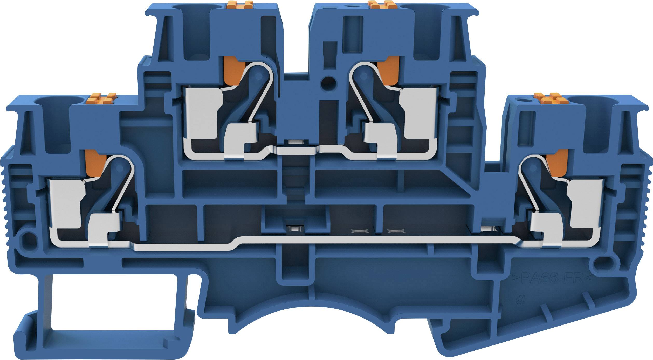 Elemento di connessione elettrico blu, multipolare, con leve arancioni per il collegamento di più conduttori elettrici.