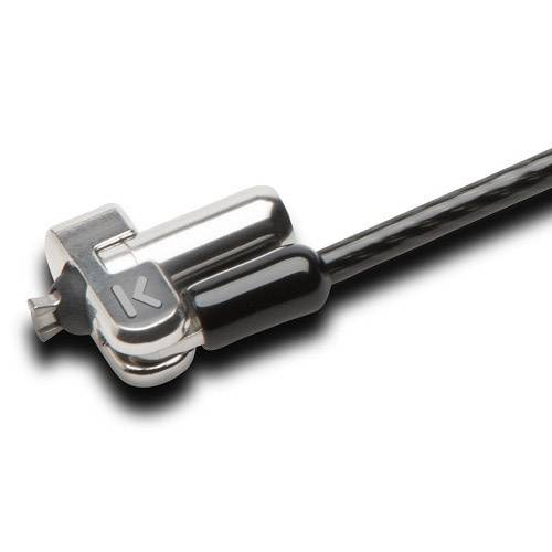 Un lucchetto di sicurezza argentato con cavo, spesso utilizzato per proteggere i laptop.