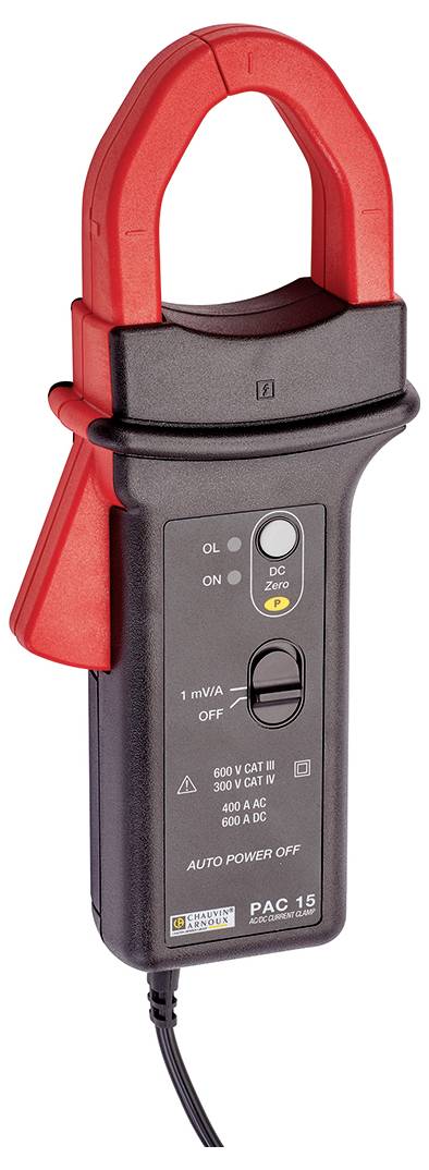 Un amperometro a pinza rosso e nero per misurare correnti elettriche con diverse impostazioni e un cavo.