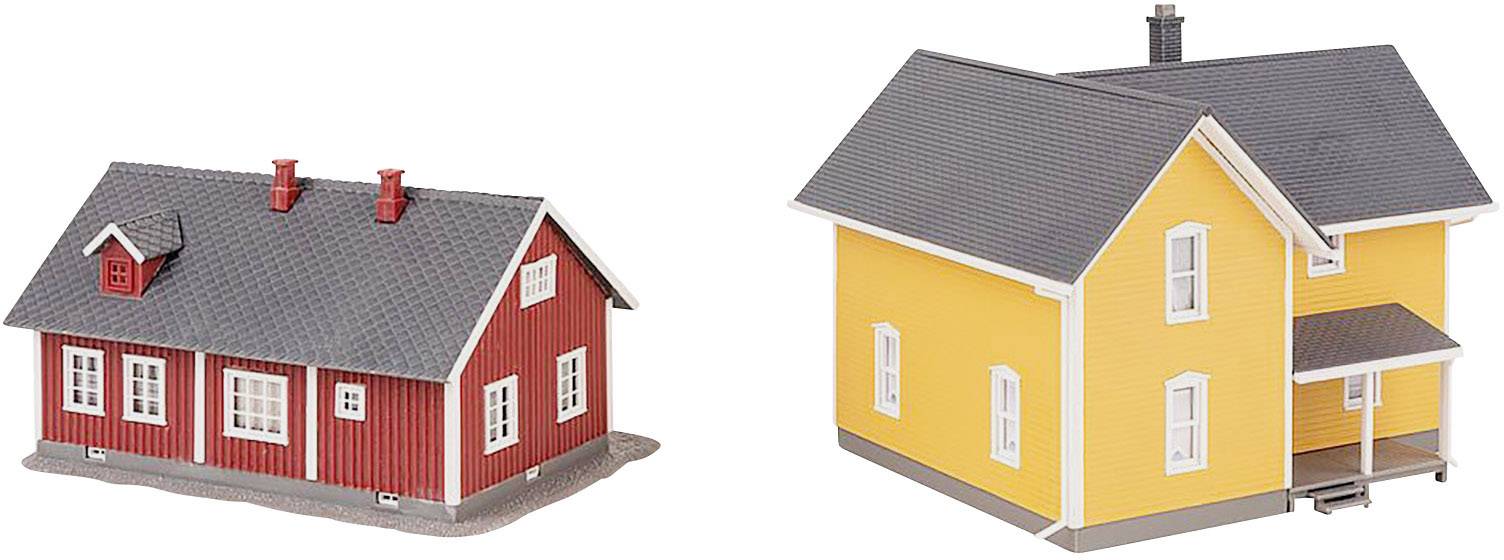 Due case modello: A sinistra una casa rossa, tradizionale in stile scandinavo con tetto a capanna; a destra una casa gialla con annesso e tetto in ardesia.