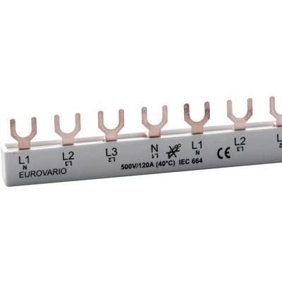 Barra in rame per distribuzione elettrica, con etichette 'L1', 'L2', 'L3' e 'N', idonea per 500V/120A, certificata secondo IEC 664.