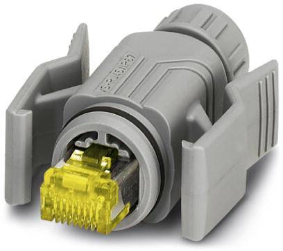 Un connettore di rete grigio con attacco giallo e leve laterali per il fissaggio in un socket.