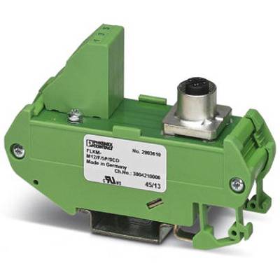 Un blocco elettronico verde con attacco metallico, prodotto in Germania, mostra il numero di modello e serie sull'etichetta.