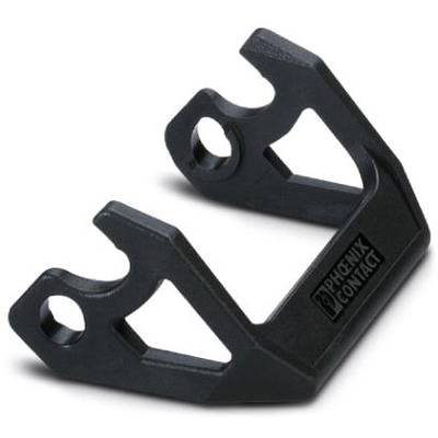 Un pezzo nero in plastica con due fori superiori e una scritta sul lato.