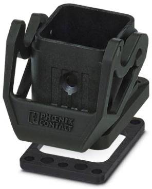 Un supporto nero in plastica con il logo 'Phoenix Contact', idoneo per il fissaggio su superfici piane, utilizzato in campo elettronico.