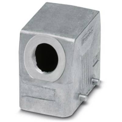 Custodia metallica grigia per installazioni elettriche, a forma di parallelepipedo con raccordo filettato laterale per pressacavi.