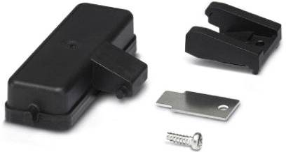 Meccanismo di chiusura nero per porta con gancio, vite e piastra metallica, per assicurare porte o finestre in posizione chiusa.