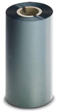 Grande rullo verticale di nastro termico blu-grigio su un nucleo di cartone marrone, utilizzato nelle stampanti.