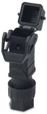 Un connettore nero, rettangolare, con coperchio rimovibile e tappo di fissaggio, comunemente utilizzato in applicazioni elettriche.