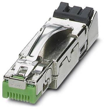 Un connettore SFP argentato con attacco RJ45 verde e involucro nero, utilizzato per connessioni di rete.