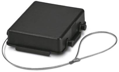Un astuccio di sicurezza nero rettangolare con cappio per cavo, utilizzato per la protezione meccanica o come antifurto.