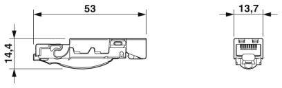 Disegno tecnico di un elemento di connessione RJ45 con dimensioni: lunghezza 53 mm, altezza 14,4 mm, larghezza 13,7 mm.