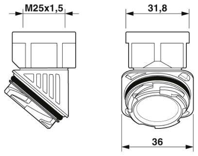 Disegno tecnico di un raccordo angolare con le seguenti dimensioni: M25x1,5, lunghezza totale 36 mm, larghezza 31,8 mm.