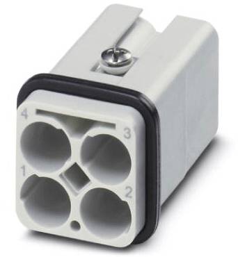 Custodia per connettori con quattro alloggiamenti circolari e vite superiore, utilizzata per connessioni elettriche e organizzazione dei cavi.
