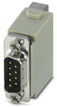 Un adattatore grigio per computer con un connettore metallico e diversi contatti di collegamento. L'adattatore viene utilizzato per connessioni seriali.