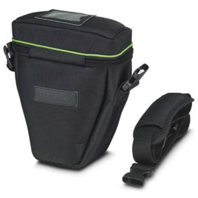 Borsa nera per fotocamera con accento verde e tracolla separata, ideale per il trasporto sicuro di fotocamere e accessori.