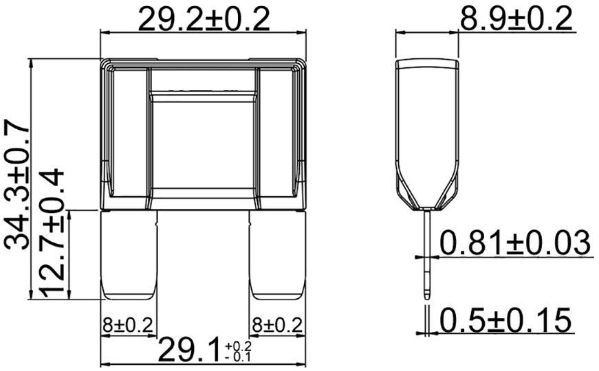 Disegno tecnico di un componente con precise specifiche dimensionali in millimetri. Viste principali: vista frontale e laterale.