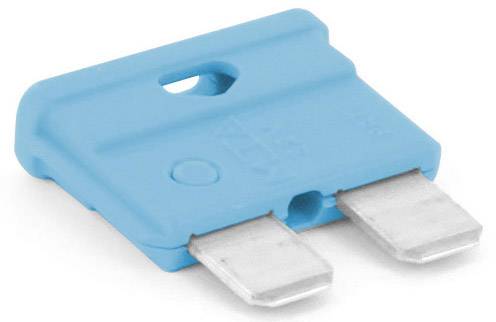 Un fusibile piatto blu con due contatti metallici, comunemente utilizzato nelle automobili per proteggere i circuiti elettrici.