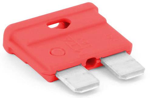 Fusibile piatto rosso con due lame metalliche, utilizzato per la protezione di circuiti elettrici.