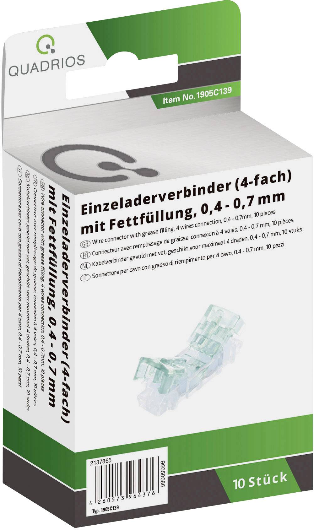 Un packaging per connettori a filo singolo (4 vie) con riempimento in grasso, 0,4 - 0,7 mm, confezione da 10 pezzi. Immagine del prodotto e marchio.