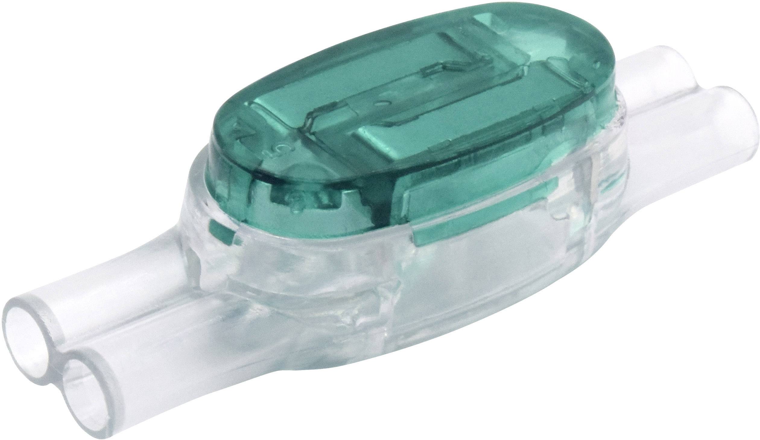 Un connettore trasparente in plastica con due fori di ingresso e un coperchio verde per il cablaggio elettrico.