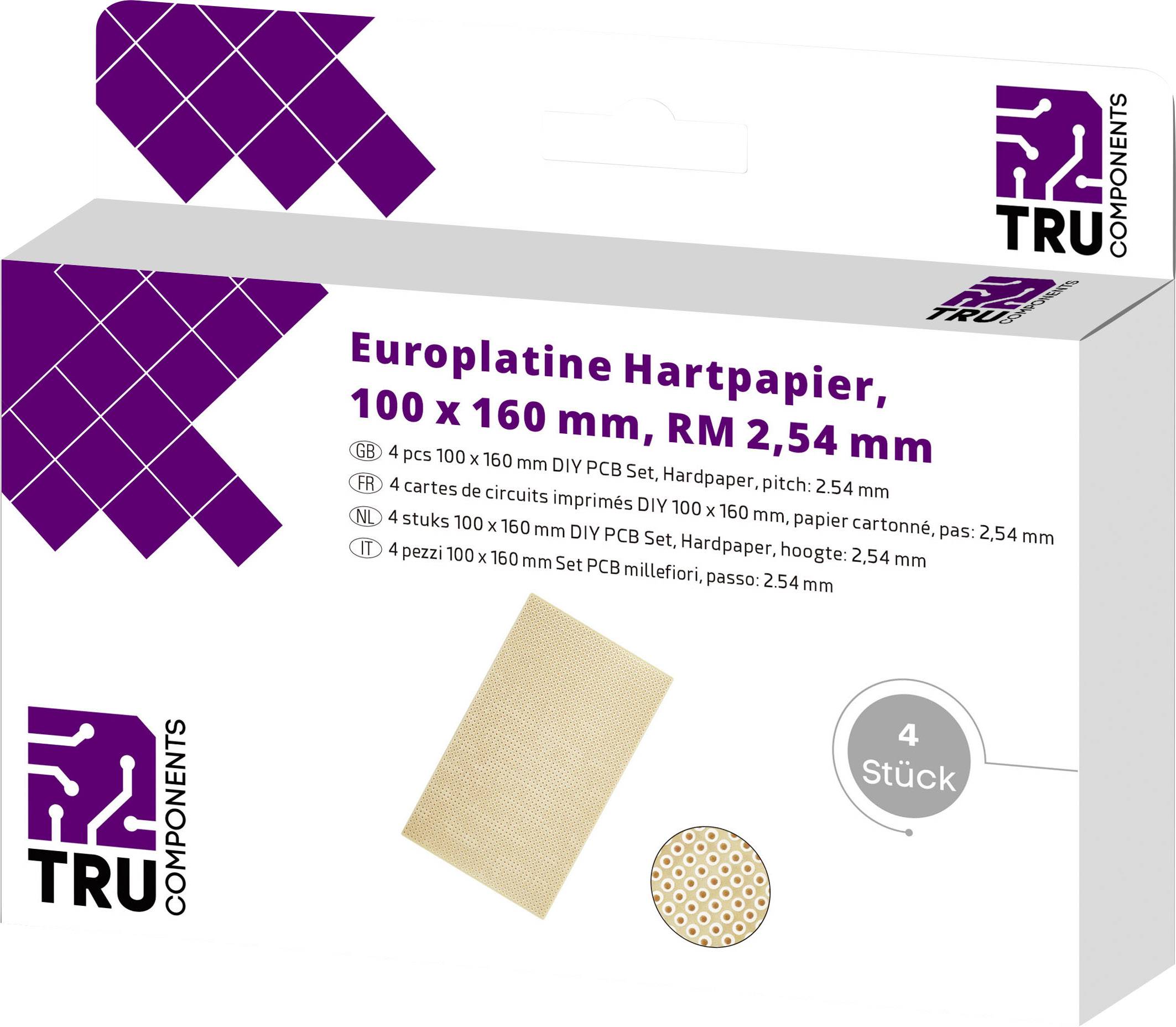 TRU COMPONENTS Scheda formato Europa Carta laminata (L x L) 160 mm x 100 mm 35 µm Passo 2.54 mm Contenuto 4 pz.