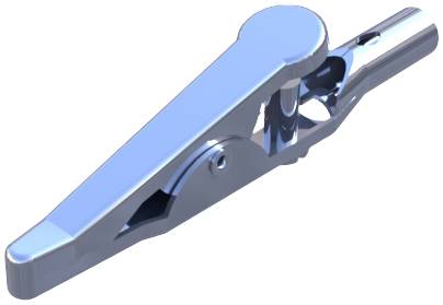 Morsetto a coccodrillo metallico su sfondo bianco, raffigurato in vista laterale. Adatto per connessioni elettriche.