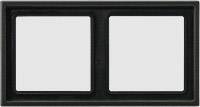 Un interruttore doppio rettangolare con cornice nera, con due spazi bianchi vuoti per interruttori, adatto per illuminazione o dispositivi.