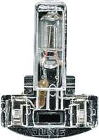 'Sensore di temperatura trasparente con contatti elettrici, montato su base nera, utilizzato per misurazioni termiche in dispositivi elettrici.'