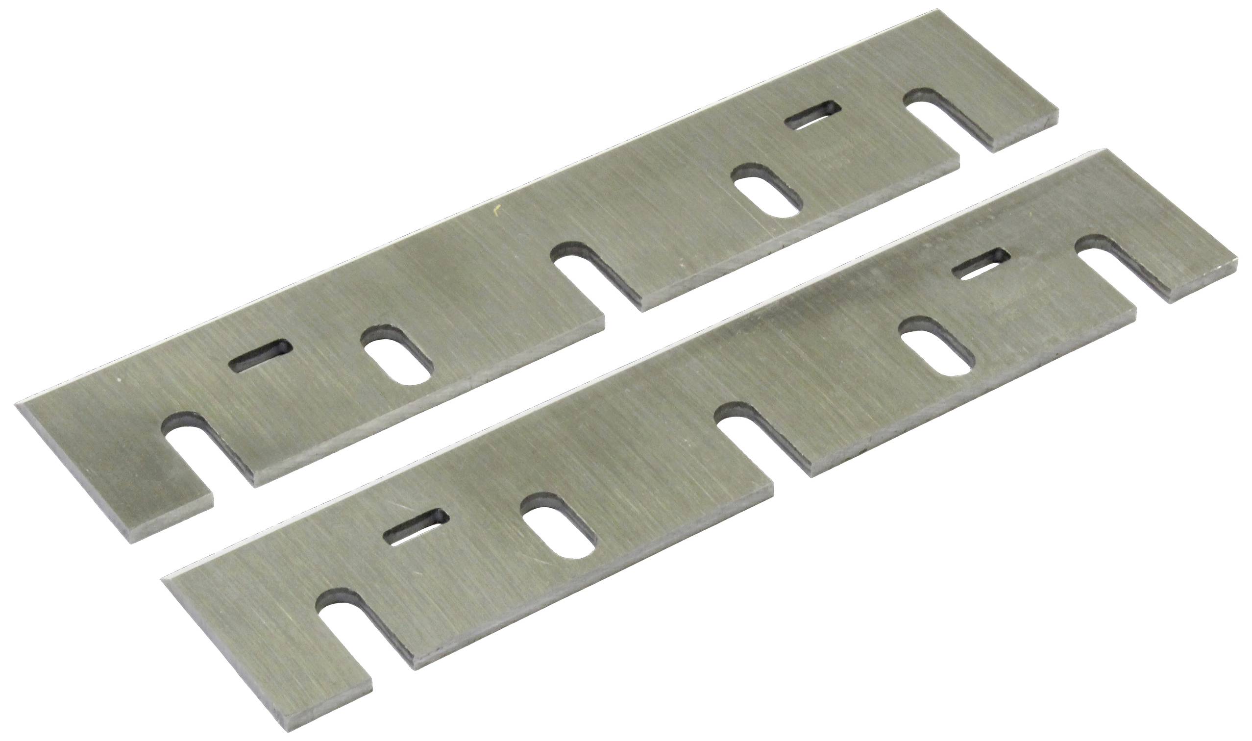 Due lame metalliche diritte con diverse rientranze rettangolari e angoli arrotondati, poste una accanto all'altra su sfondo bianco.