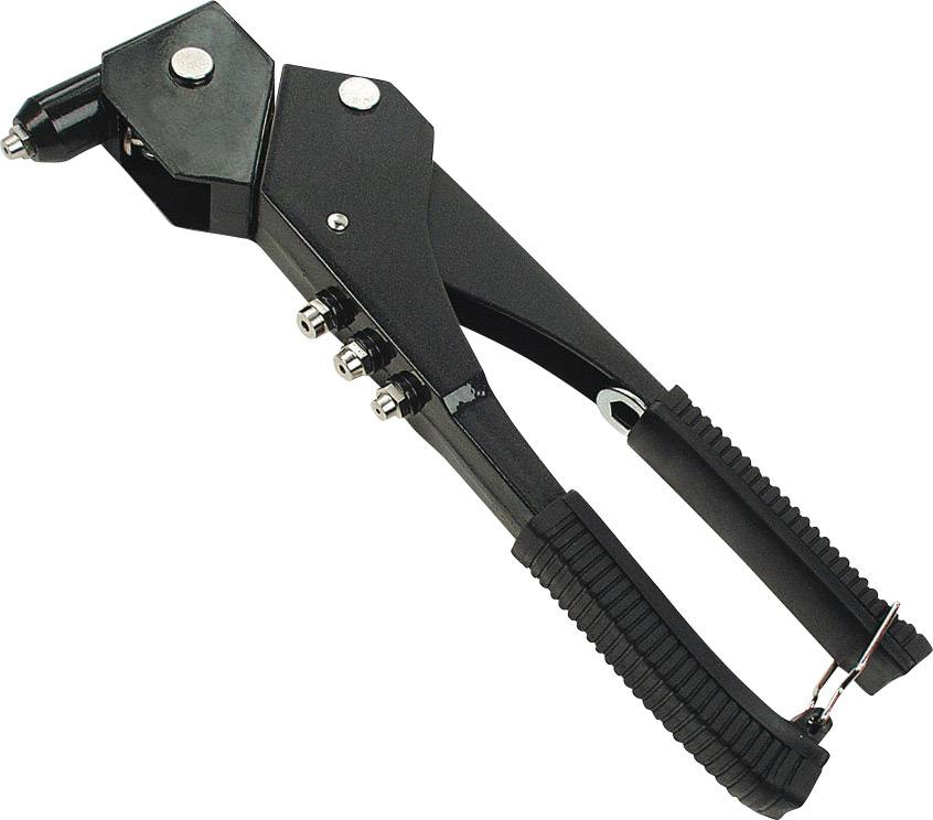 Una pinza per rivetti nera con impugnature ergonomiche e diversi inserti per collegare materiali attraverso processi di ribattitura.
