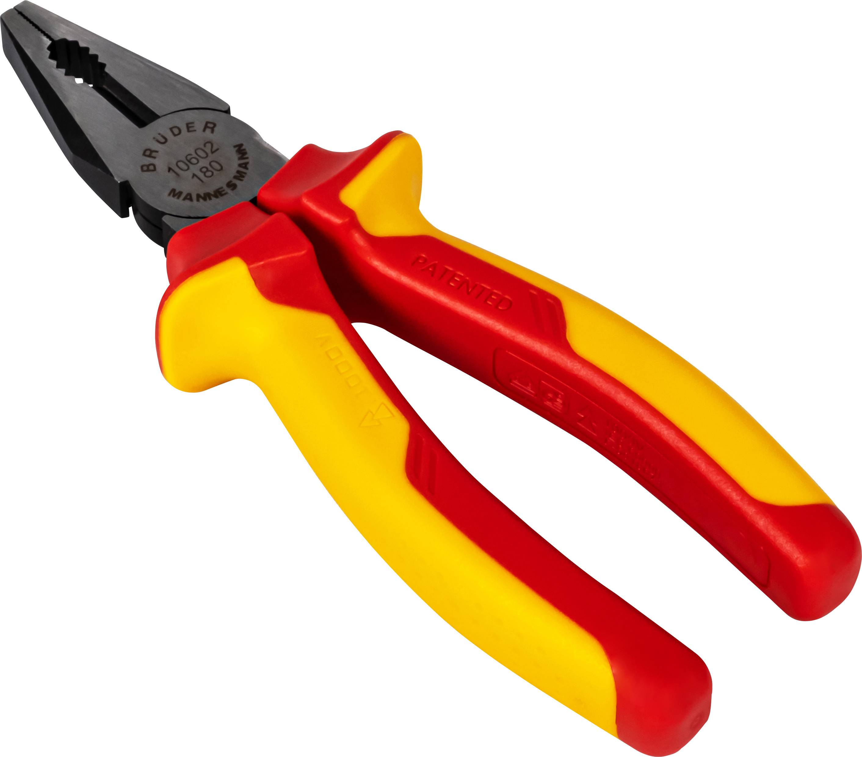 Una pinza combinata rossa e gialla con impugnature isolate. Adatta per lavori su impianti elettrici.