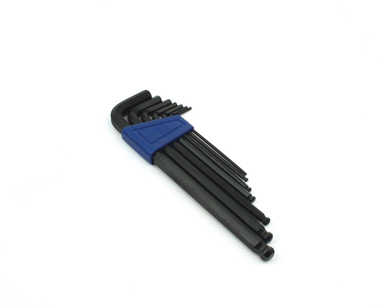 Un set di nove chiavi esagonali nere di diverse dimensioni, trattenute da un supporto in plastica blu.