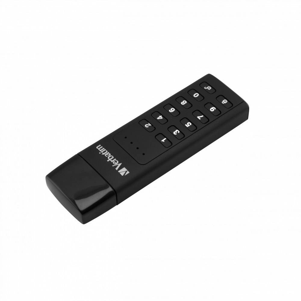 Una chiavetta USB nera con tastiera numerica e il logo di un'azienda.