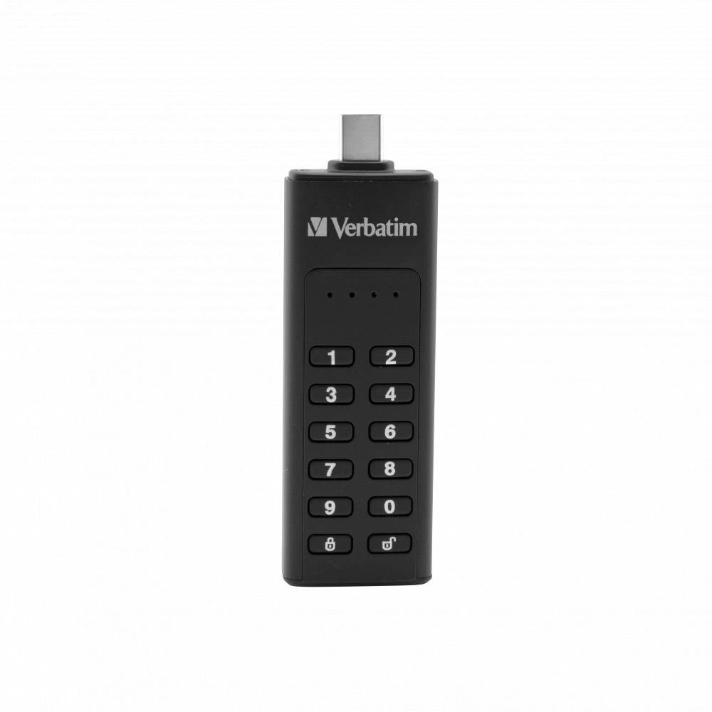 Una chiavetta USB nera con tastierino numerico sul lato frontale, marca Verbatim, principalmente utilizzata per l'archiviazione di dati in modo sicuro.