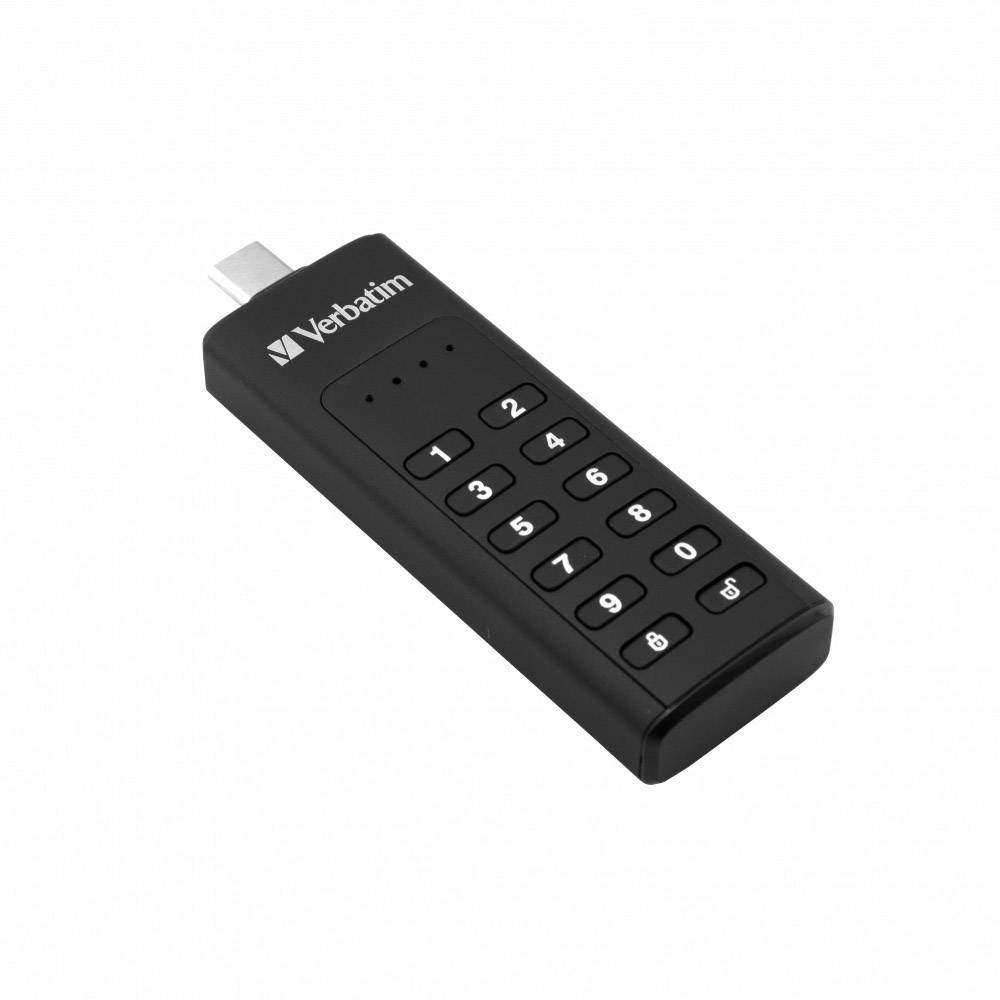 Una chiavetta USB nera con tastierino per l'inserimento del PIN per una sicurezza aggiuntiva. Stampa 'Verbatim' in alto a sinistra.