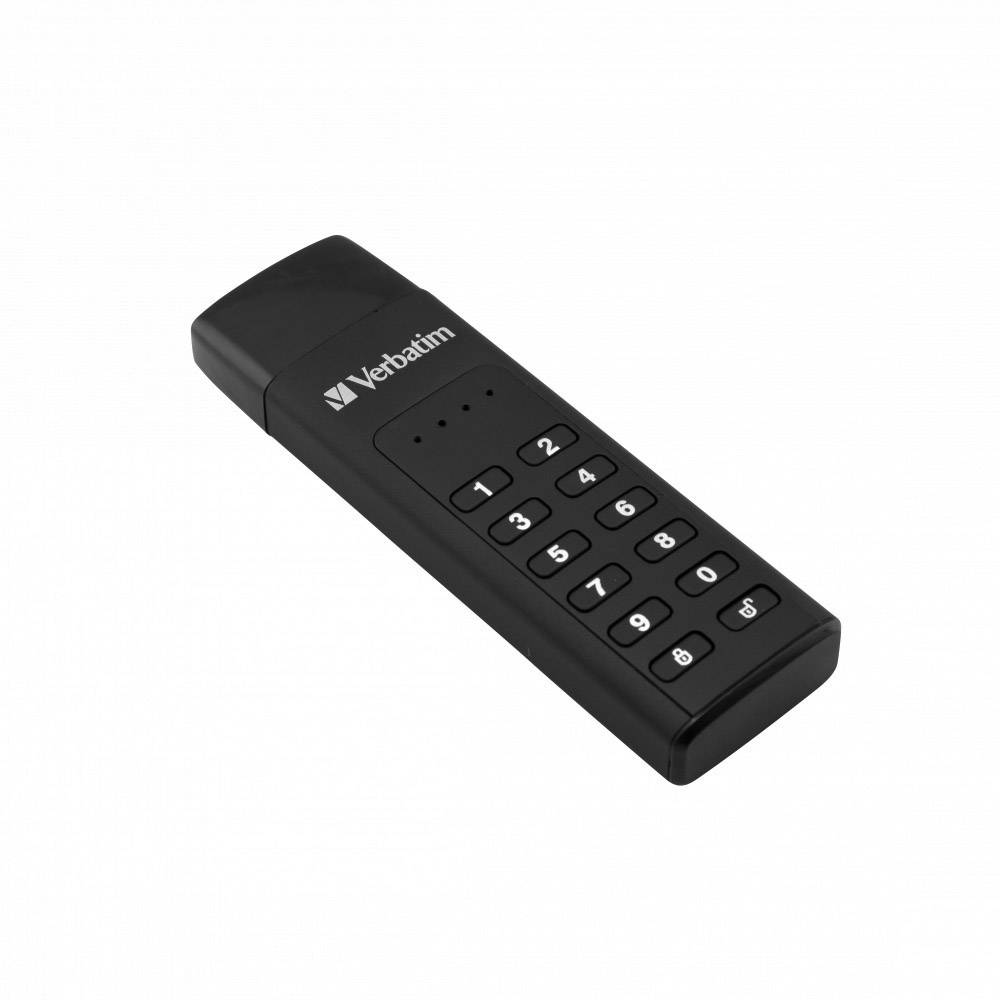 Chiavetta USB 'Verbatim' con tastierino numerico per l'immissione di un codice PIN per l'accesso. Design nero e allungato con indicatore dei tasti.