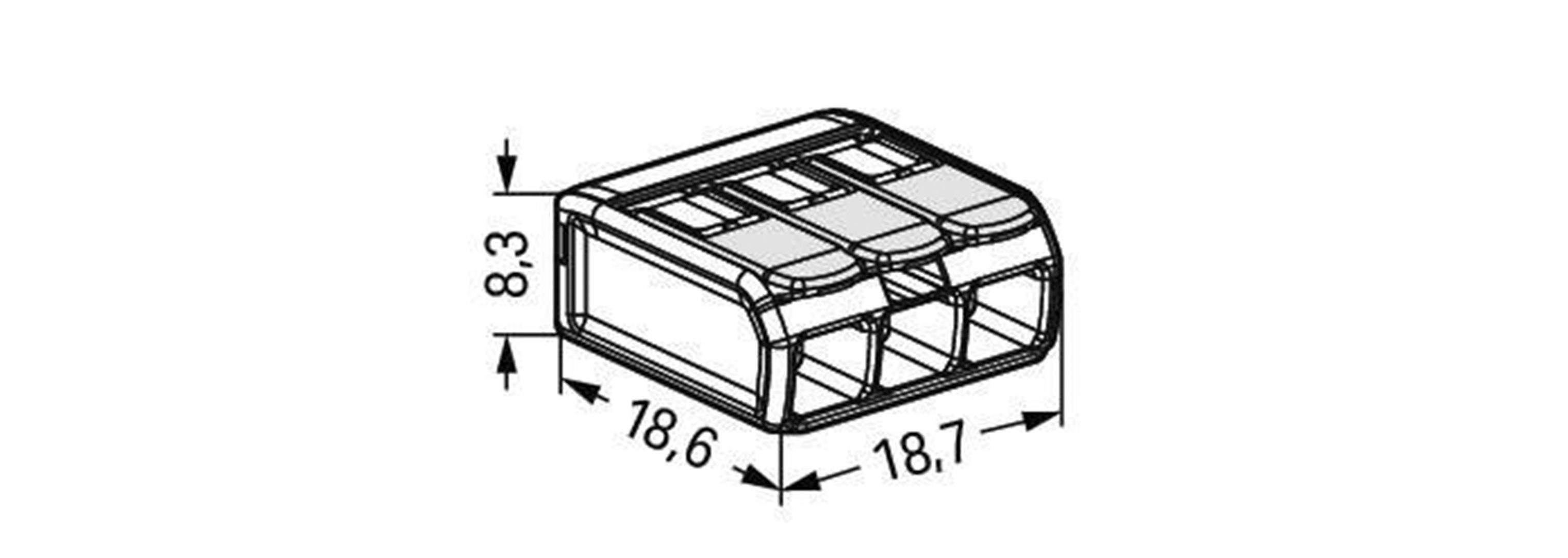 Un diagramma tecnico mostra le dimensioni di un connettore tripolare: alto 8,3 mm, largo 18,6 mm, profondo 18,7 mm.