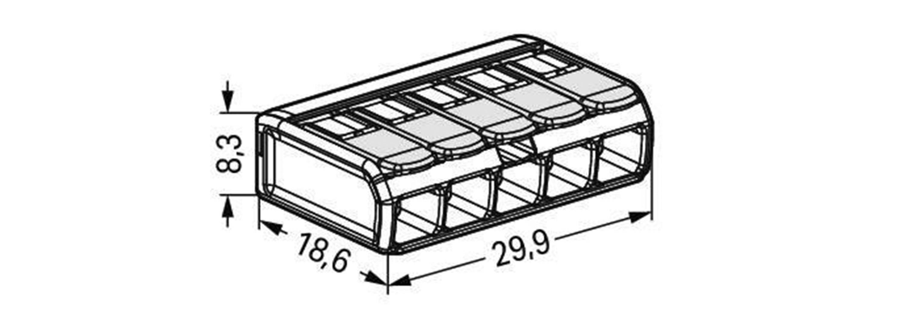 Morsetto a filo in sezione con dimensioni di 29,9 mm di lunghezza, 18,6 mm di larghezza e 8,3 mm di altezza.