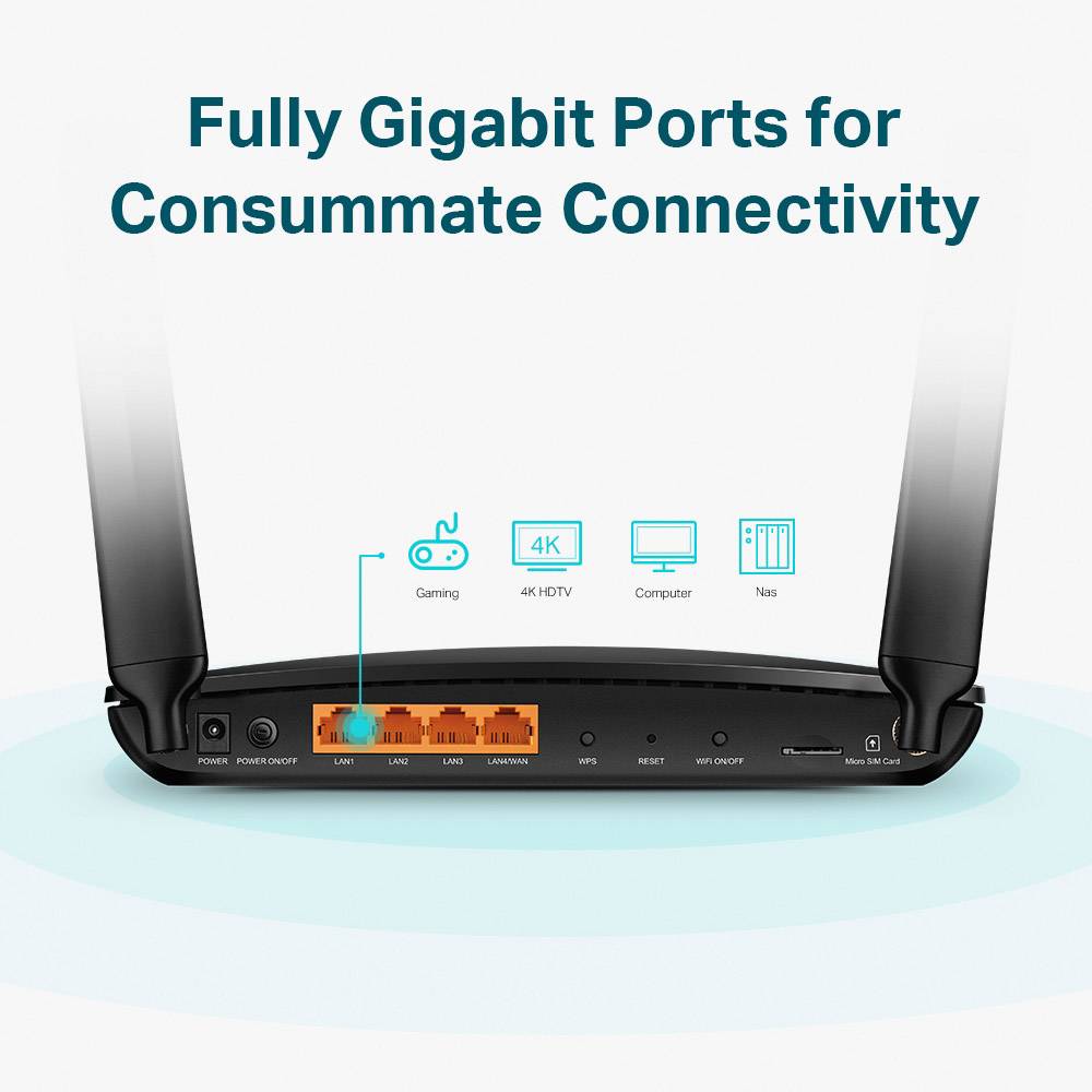 Un router nero con più porte e due antenne. Testo sopra: 'Porte Gigabit complete per una connettività eccellente'. Simboli per Gaming, 4K HDTV, Computer e NAS.