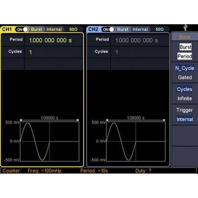 Due canali dell'oscilloscopio mostrano segnali periodici con impostazioni di burst differenti. A sinistra CH1 con bordo giallo, a destra CH2 con bordo blu.